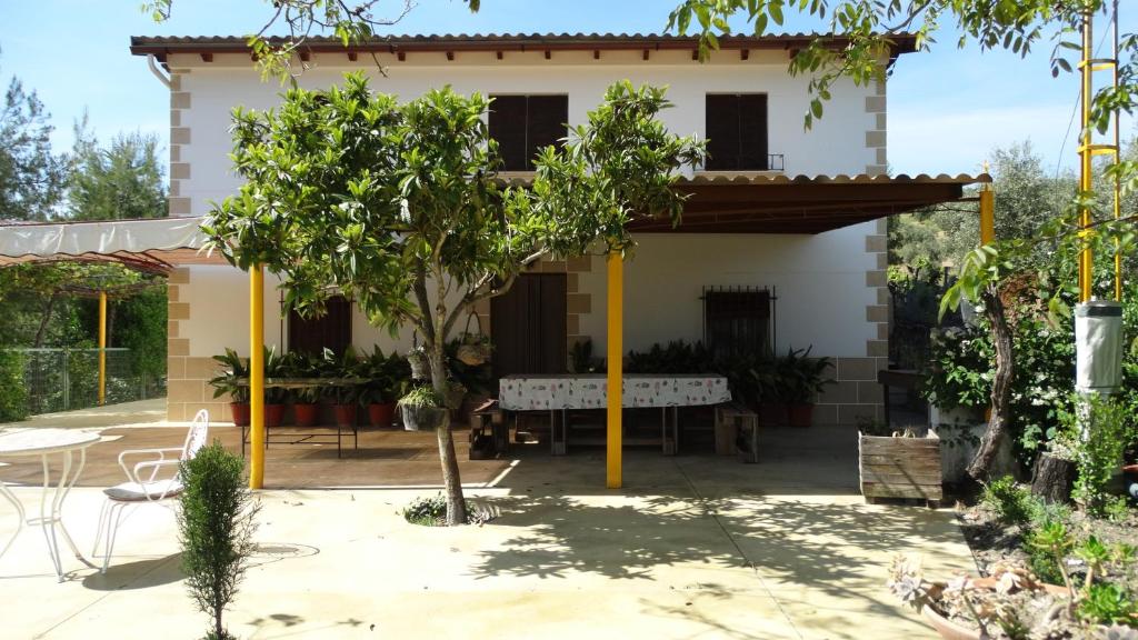 um pátio em frente a uma casa com uma árvore em Casa Rural Casa Pepe em Castillo de Locubín