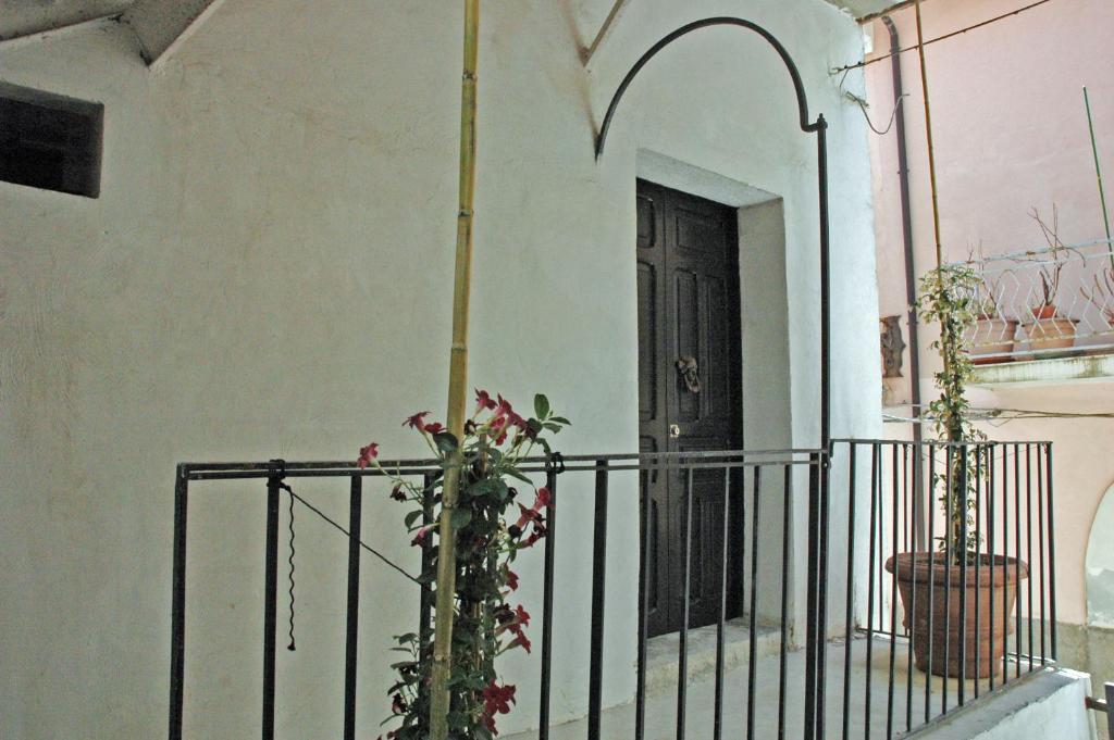 una casa con una porta nera e alcune piante di BORGO PETELIA, Casa Mannarino, suite Lucrezia a Strongoli