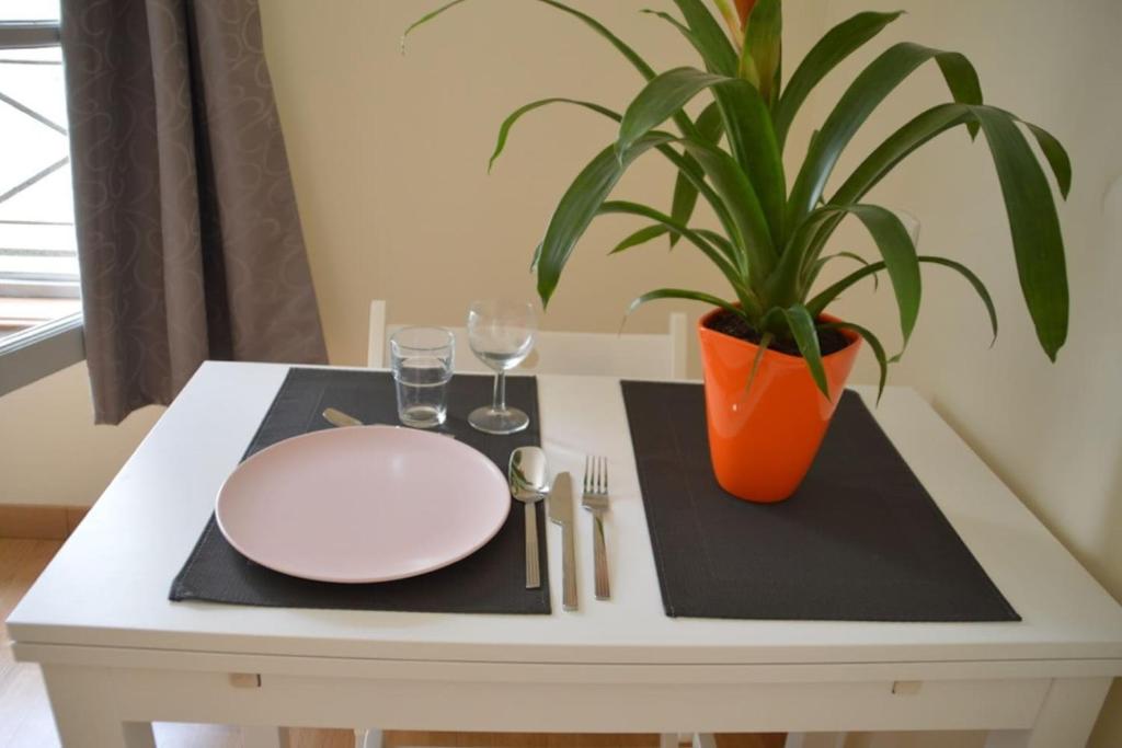 una mesa con una placa y una planta en ella en Cosy studio, at foot of - au pied du, Château d'Amboise en Amboise