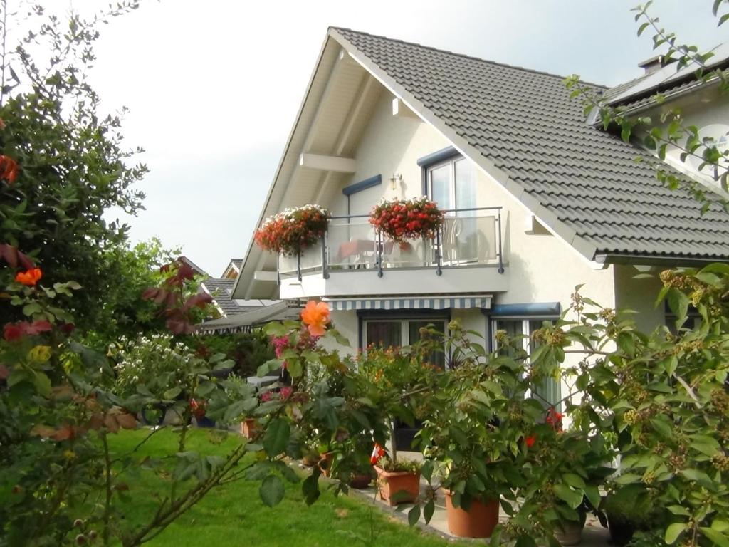 ein Haus mit Topfpflanzen im Hof in der Unterkunft Haus Erika Am Weg in Kesswil