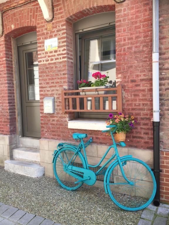 Una bicicleta azul estacionada fuera de un edificio con ventana en Villa Coppi en Le Tréport