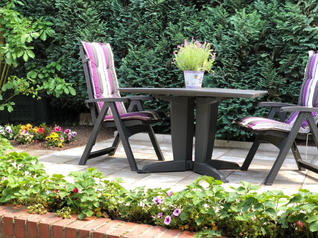 - une table avec deux chaises et une plante en pot dans l'établissement Villa Drita, à Alsdorf