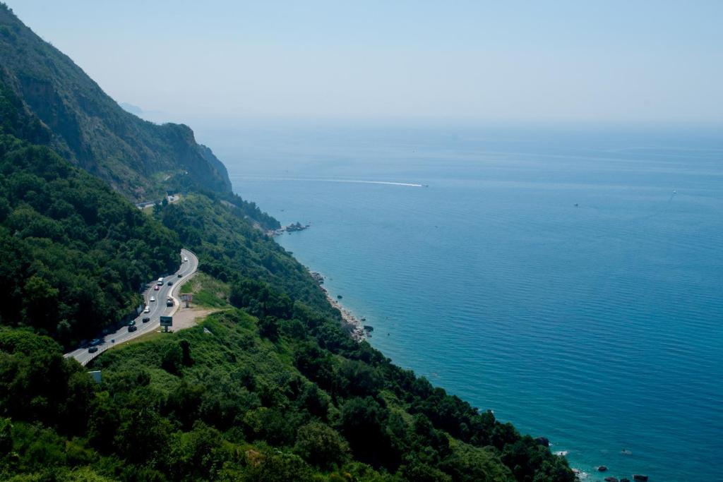 a road on a hill next to the water at Apartments Villa Sveti Nikola in Budva