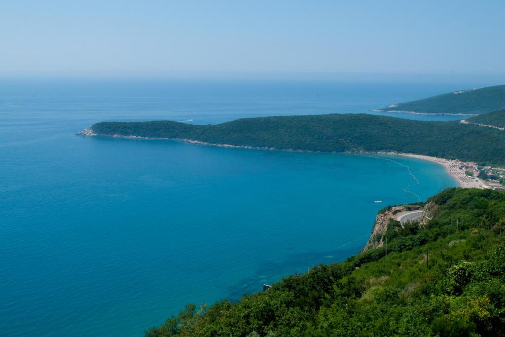 an aerial view of a beach and the ocean at Apartments Villa Sveti Nikola in Budva