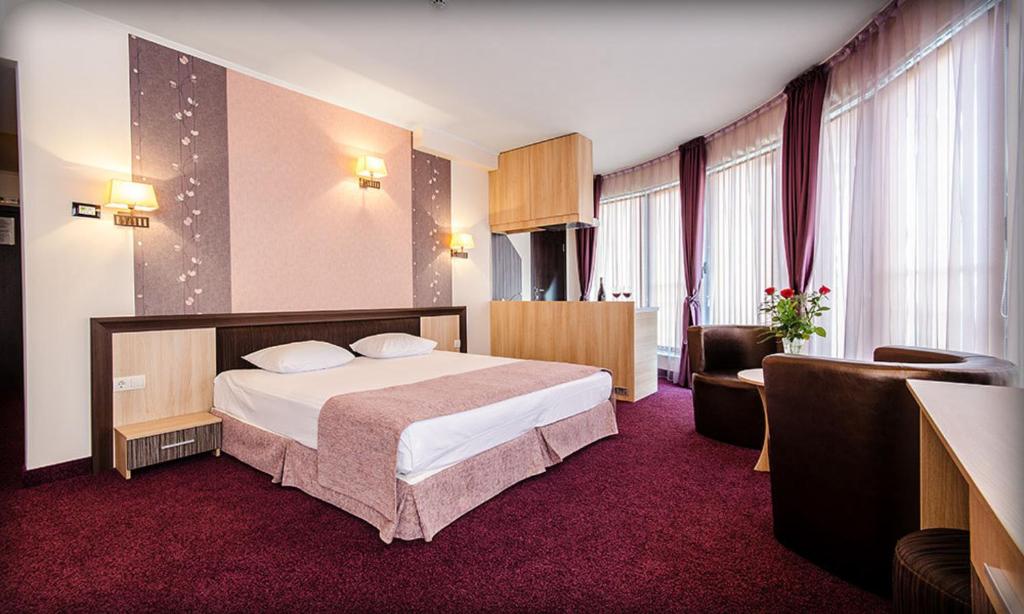 um quarto de hotel com uma cama e uma cadeira em Alliance Hotel em Plovdiv