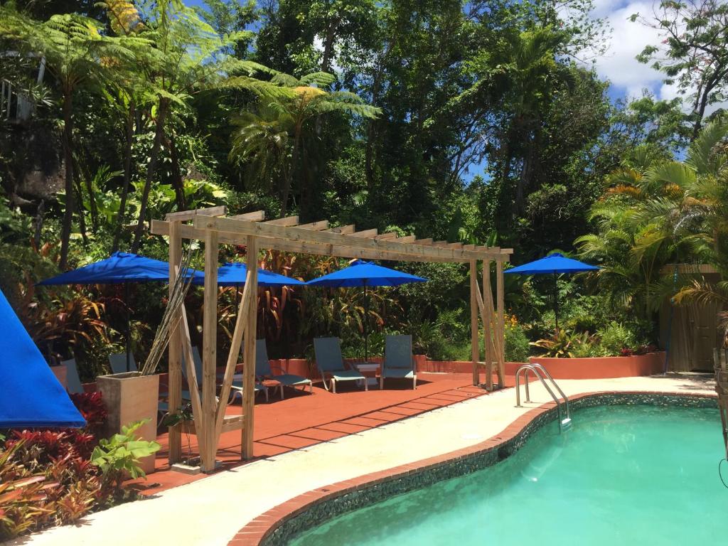 a pool with blue umbrellas and chairs and a swimming pool at El Pequeño Hotel in Canovanas
