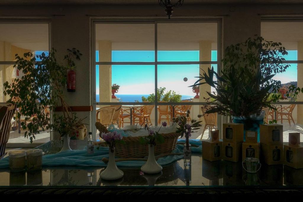 - un salon avec une table et une vue sur l'océan dans l'établissement Sariza Spring Hotel, à Andros
