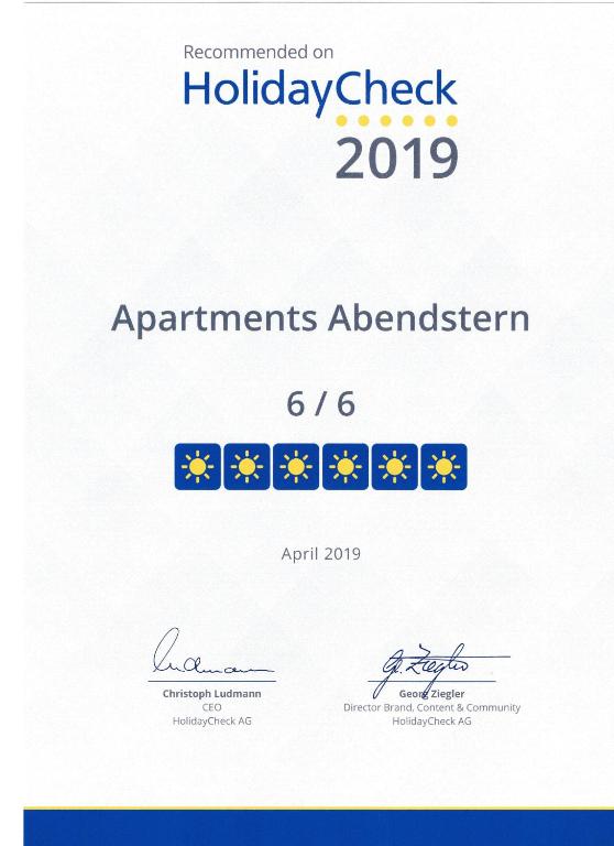 Certifikát, hodnocení, plakát nebo jiný dokument vystavený v ubytování Gästehaus Ferienwohnung Abendstern