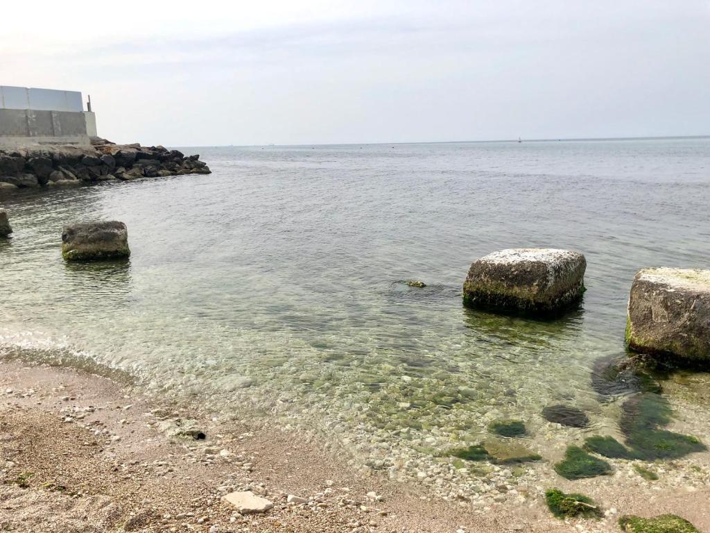 a beach with some rocks in the water at Relax House in Bari