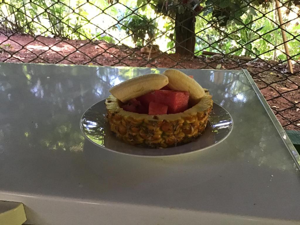 a bowl of fruit on a plate on a table at Isla Violin Eco-Lodge in Isla Violin