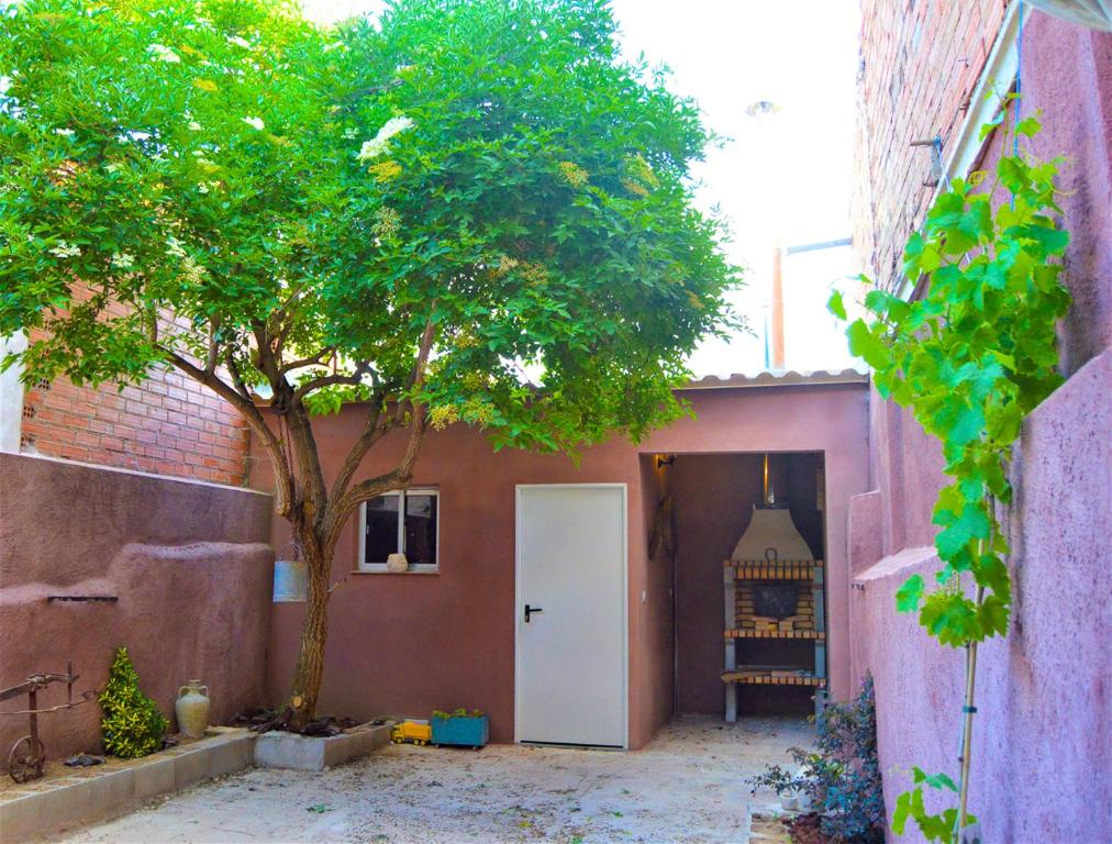 un árbol frente a un edificio con una puerta blanca en Casa Azafrán, en Torrijo del Campo