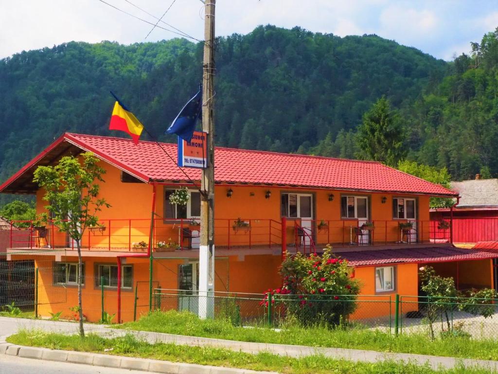 una casa naranja con techo rojo y bandera en Pensiunea Ramona, en Brezoi