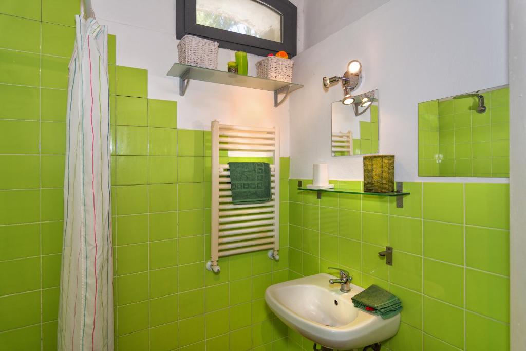 a green bathroom with a sink and a mirror at Villa Eugenia in Livorno