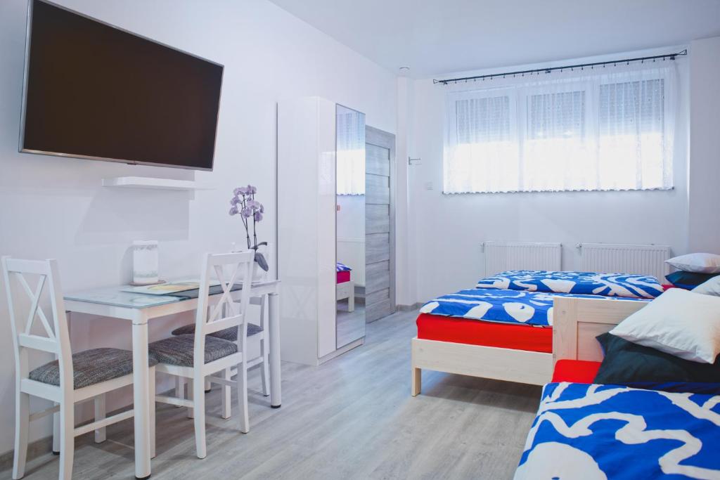 a bedroom with a bed and a desk and a tv at Apartment Franka in Oświęcim