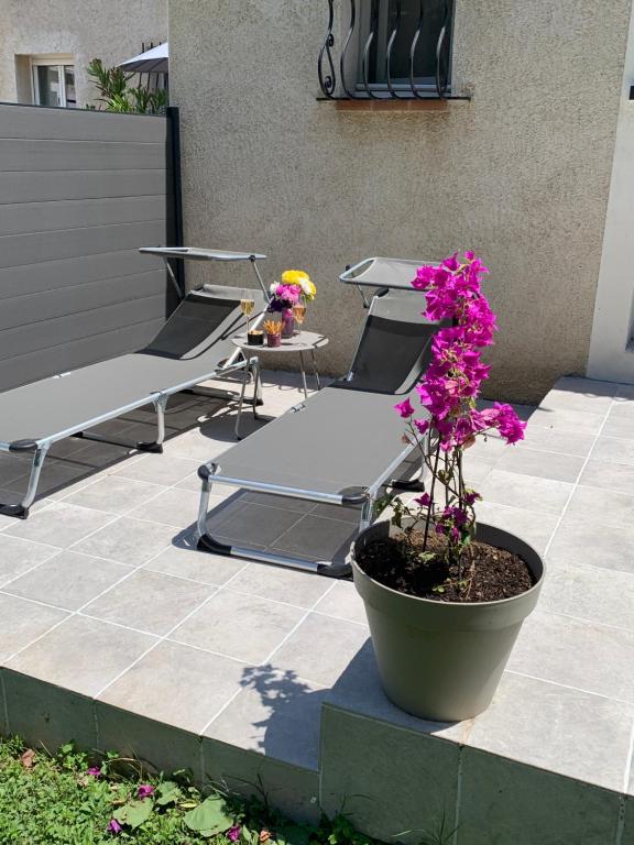 un grupo de sillas y una maceta en un patio en appartements dans villa avec terrasse, jardin, parking clos, wifi, en Meyreuil