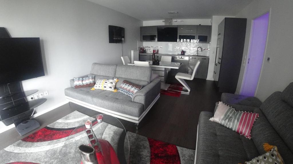 sala de estar con sofá y cocina en Bel appartement T2 près du lac avc un parking privé, en Burdeos