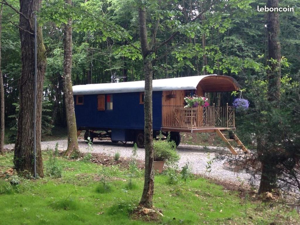 Une voiture de train bleue et blanche dans les bois dans l'établissement ROULOTTE - LE DOMAINE DES ECREVISSES, à Saint-Florent-sur-Cher