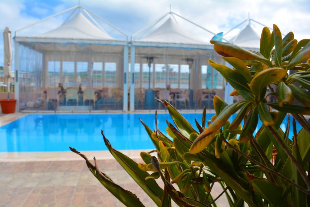 Blick auf einen Pool mit einem Gebäude im Hintergrund in der Unterkunft Sensi Hotel in Marsaskala