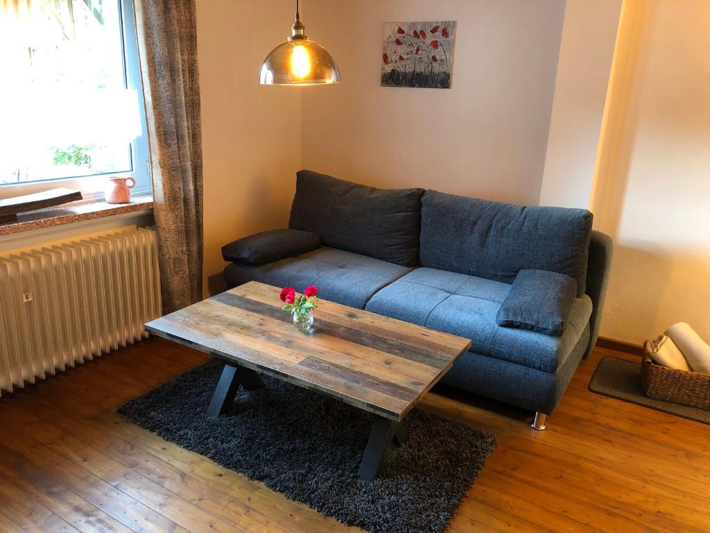 ein Wohnzimmer mit einem blauen Sofa und einem Couchtisch in der Unterkunft Ferienwohnung - Jakobs Hütte in Bad Berleburg