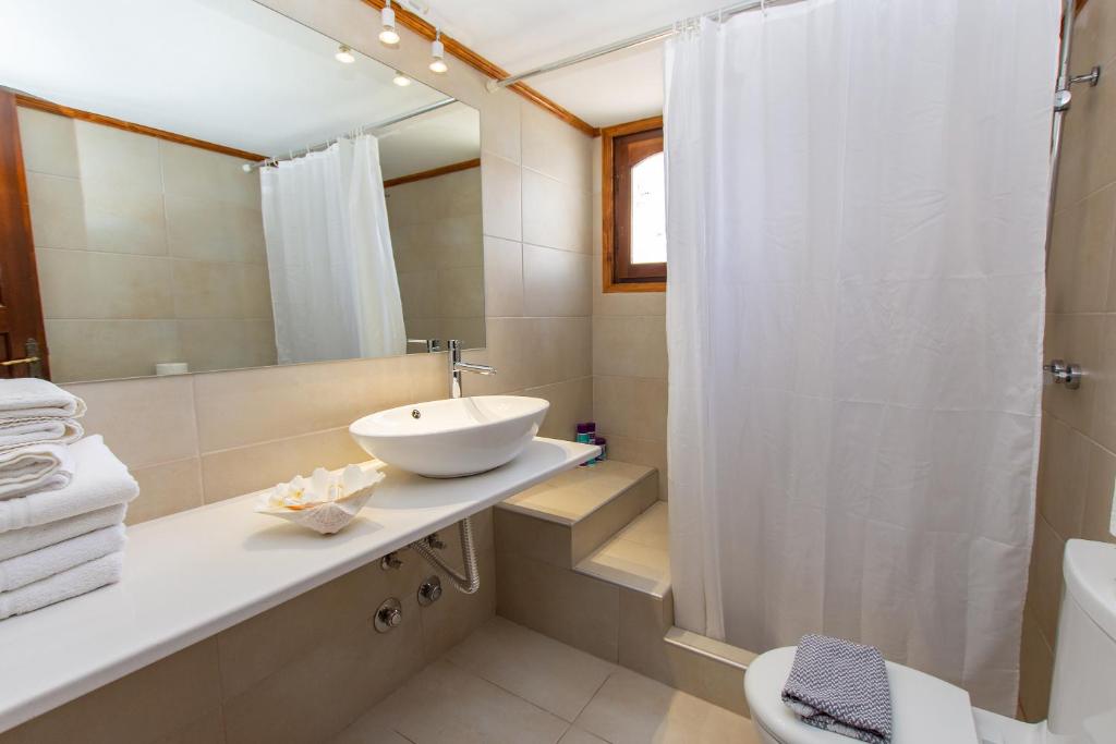 een badkamer met een wastafel, een toilet en een douche bij Anchor Αpartments in Mykonos-stad