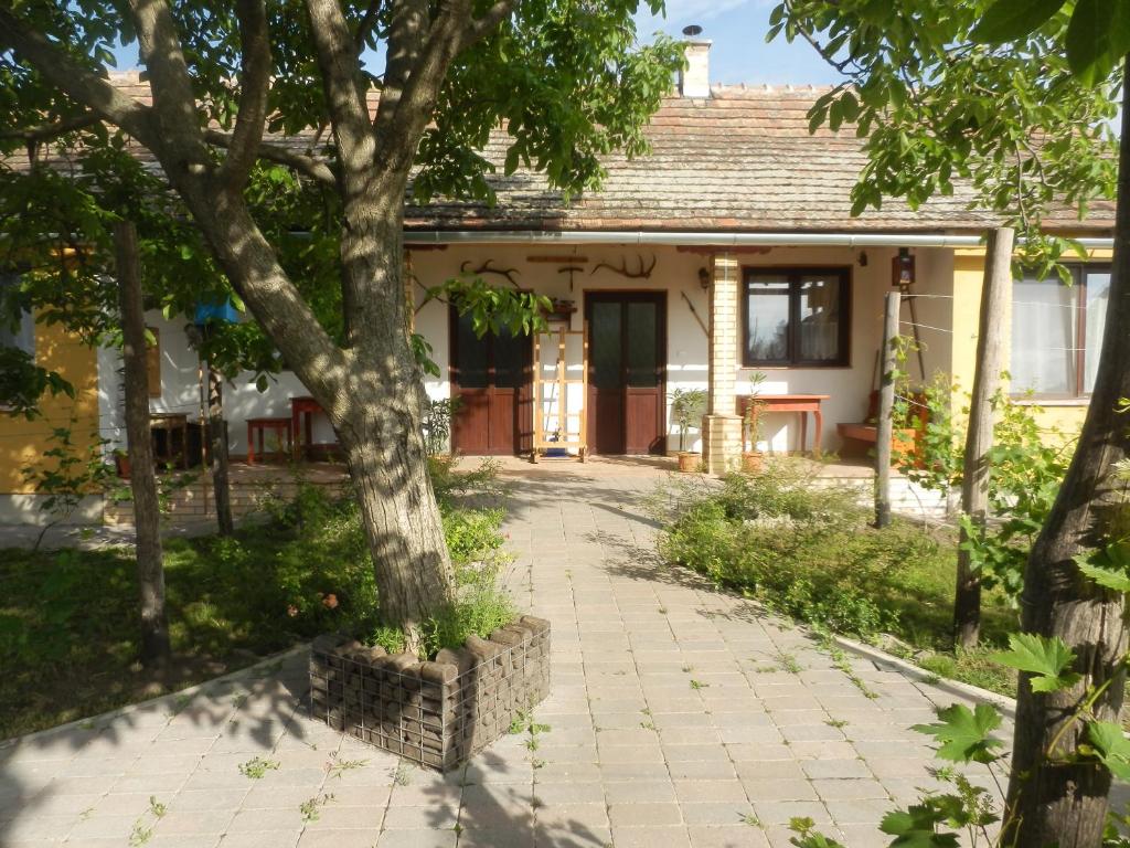 a house with a tree in front of it at Flóra Vendégház Tass in Tass