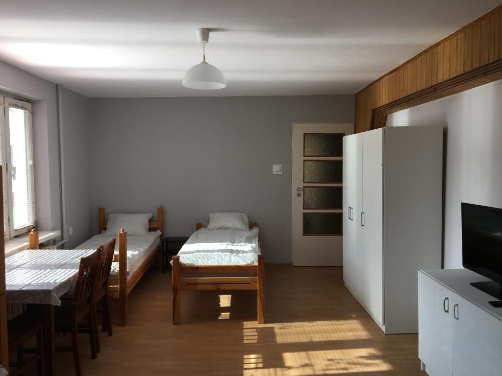 科寧的住宿－Noclegi Tulipan，客房设有床、桌子和冰箱。