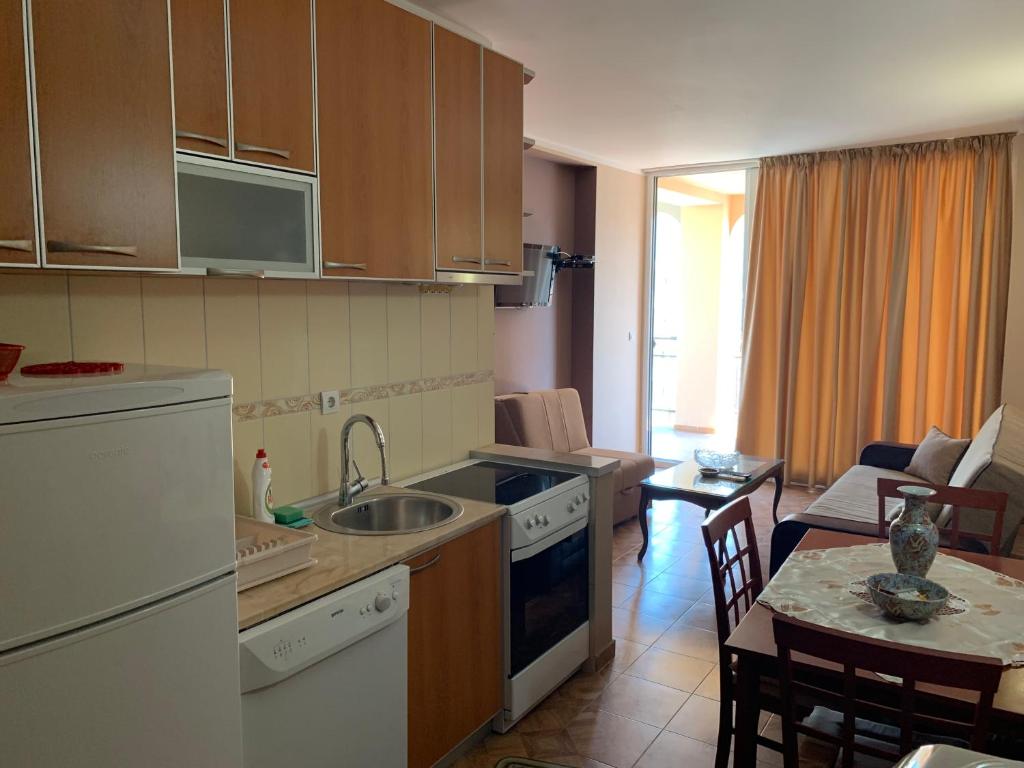 uma cozinha com um lavatório e uma mesa num quarto em Apartment Tamara em Budva