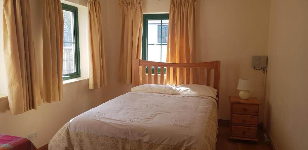 a bedroom with a bed and two windows at Brú na Dromoda/Dromid Hostel in Killeenleagh Bridge