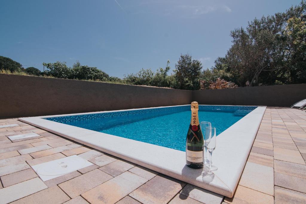 a bottle of champagne and a glass next to a swimming pool at Pool Apartments Lucija in Novalja