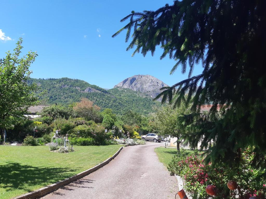 a dirt road with a mountain in the background at Les gîtes du clos des pradals in Tarascon-sur-Ariège