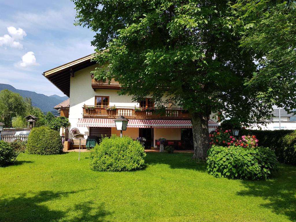 a house with a tree and a green yard at Pension Rangger in Radfeld