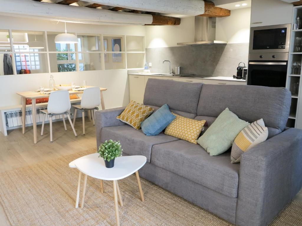 a living room with a gray couch and a kitchen at El Oasis de la Estafeta in Pamplona