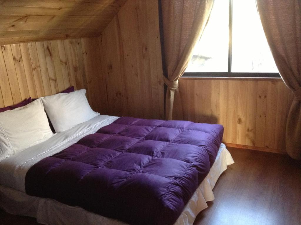 a large purple bed in a room with a window at Hostal Monica in Pucón