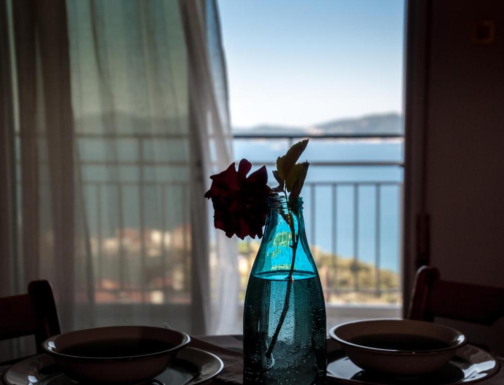 a vase with flowers on a table with a window at Paradise View Apartment in Paleo Tsifliki