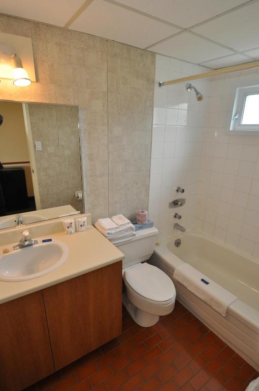 a bathroom with a toilet and a sink and a tub at Auberge le Parasol in Saguenay