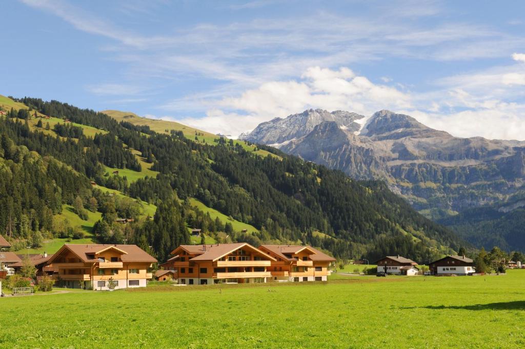 ein grünes Feld mit Häusern vor einem Berg in der Unterkunft Ferienlenk Mountain Village in Lenk im Simmental
