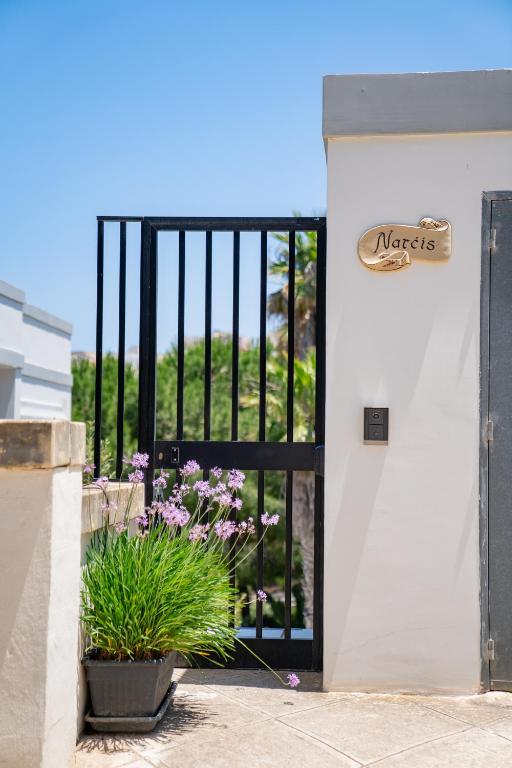 a black door with a plant in front of it at Baldacchino Holiday Villas in Mellieħa