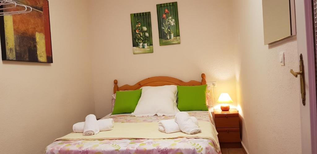 1 dormitorio con 1 cama con almohadas verdes y blancas en Calle Frailes Apartamento en Granada