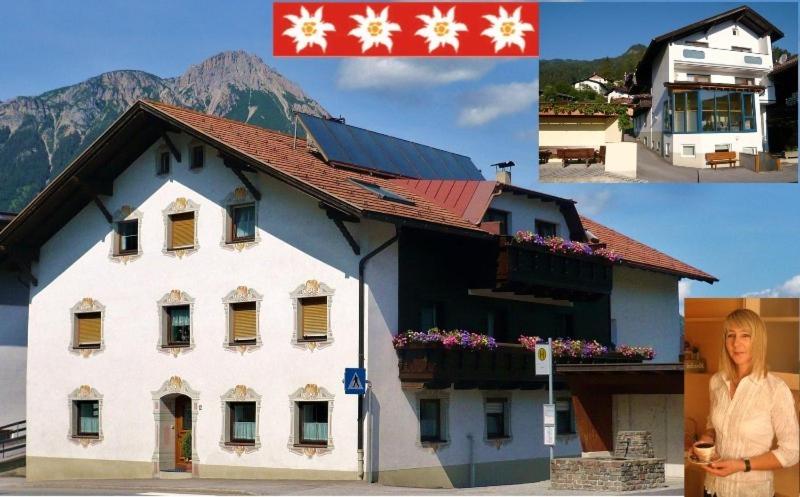 un collage de fotos de una casa y una mujer en Pension Schöpf, en Arzl im Pitztal