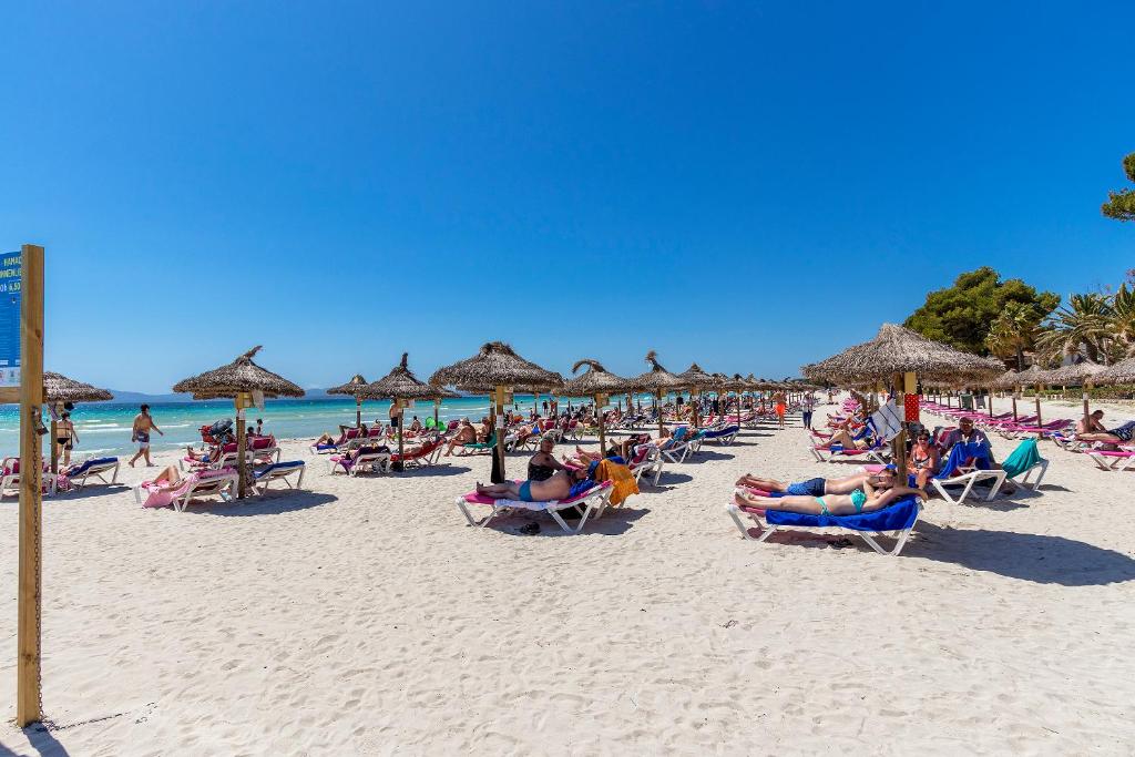 a group of people sitting on a beach with umbrellas at Apartment Llevant in Alcudia