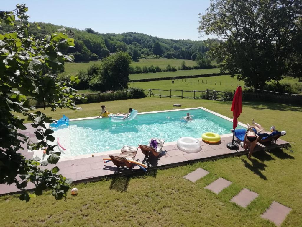 un groupe de personnes assises dans une piscine dans l'établissement La Haute Forge B&B, à Thoiré-sur-Dinan