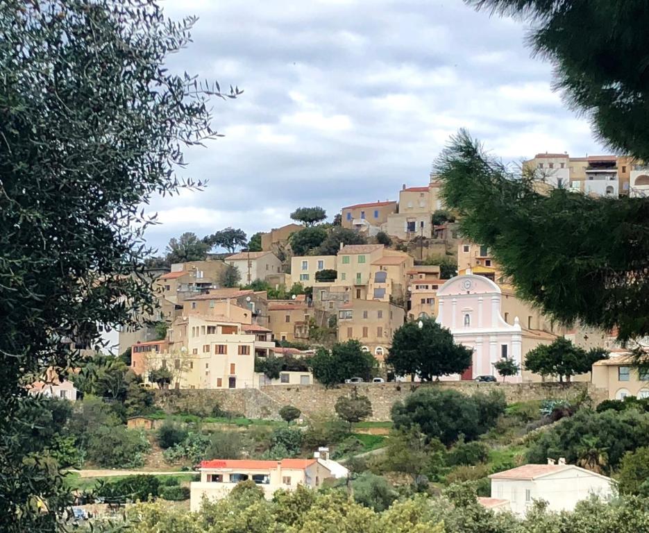 un pueblo en la cima de una colina con casas en Lumio petite maison loft vue mer imprenable, en Lumio