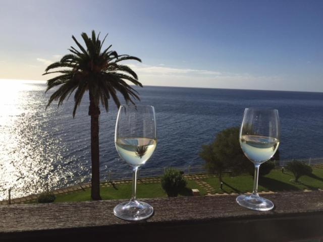 フンシャルにあるCliff View Apartment- Wonderful Sea Views & Poolの海を見渡す棚に座る白ワイン2杯