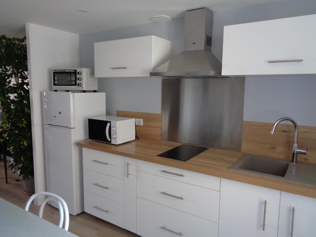 a kitchen with white cabinets and a sink and a refrigerator at Appartement indépendant LE PANASSA, Centre ville, Garage privé in Saint-Étienne