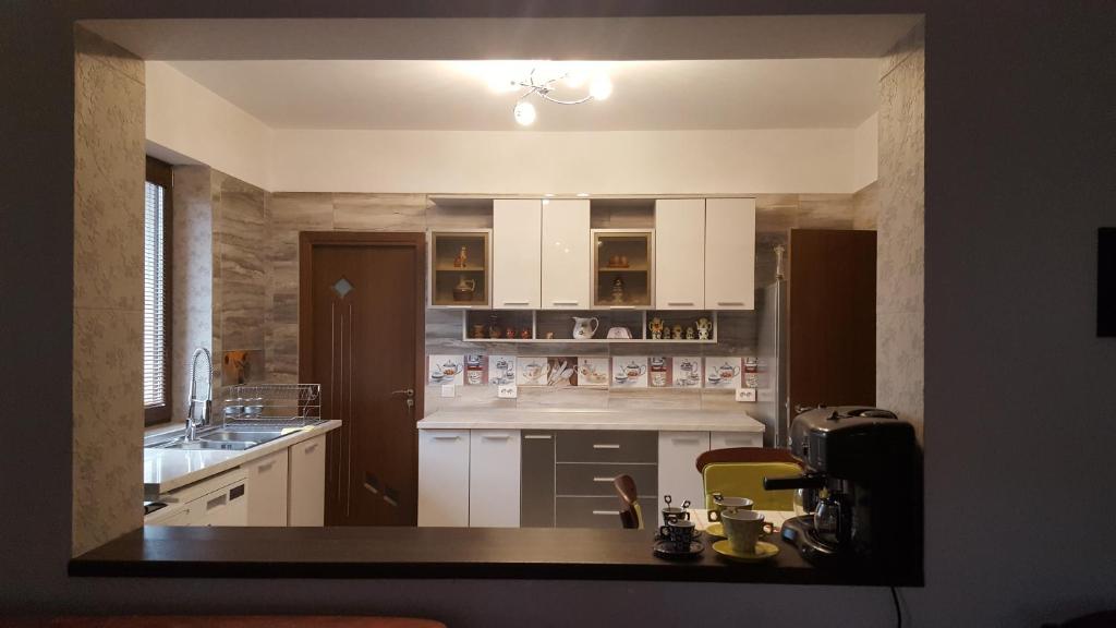 a kitchen with white cabinets and a counter top at Casa Soarelui in Roşu