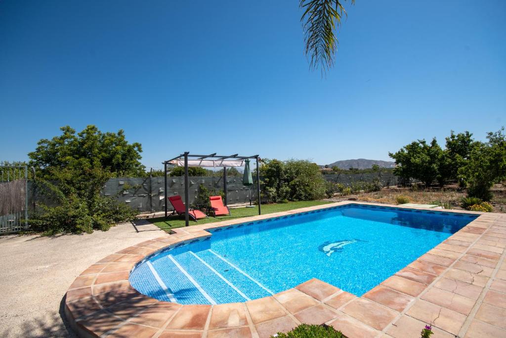 una piscina en un patio con un columpio en Cubo's Finca de la Rosa en Alhaurín el Grande