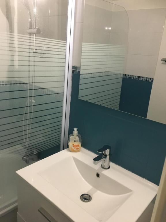 uma casa de banho com um lavatório e um espelho em Appartement vue mer em Villers-sur-Mer