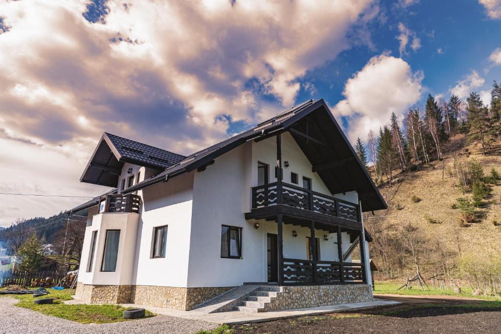 uma casa branca com um telhado preto em Verde de Bucovina em Fundu Moldovei