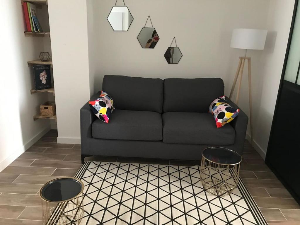 a living room with a black couch with pillows at Zilarelle in Ajaccio