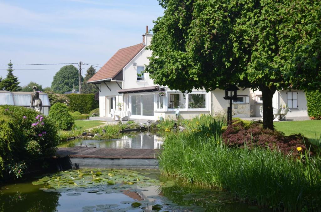 a house with a pond in the front yard at JARDIN DU MARAIS in Froyennes